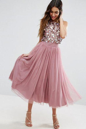 Jewel Neck Tea Length Dusty Rose A Line Homecoming Dress DMO24