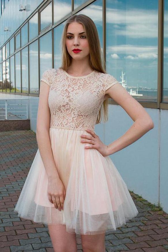 Jewel Neck Lace Top Tulle Cap Sleeves Homecoming Dress DMN38