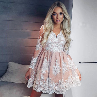 A-Line V-neck Long Sleeves Short Pink Homecoming Dress with Appliques DMM19