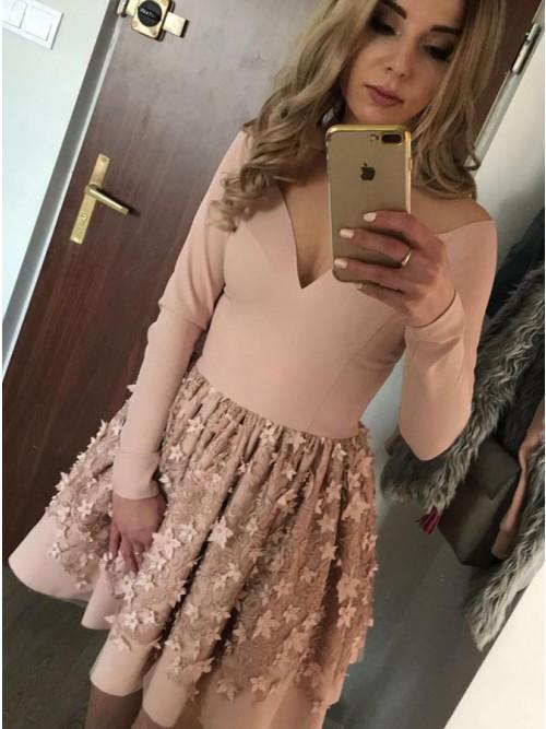 A-line Nude Long Sleeve Short Homecoming Party Dress with Flowers DMO57
