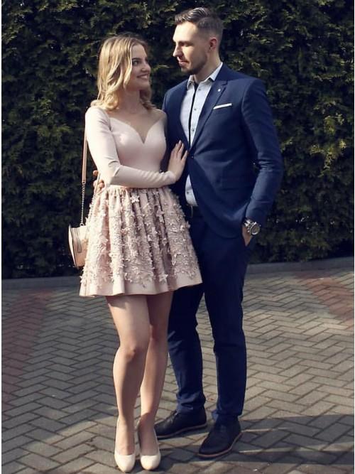 A-line Nude Long Sleeve Short Homecoming Party Dress with Flowers DMO57