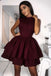 Cute Burgundy High Neck Short Homecoming Dresses With Tiered Skirt DMM44