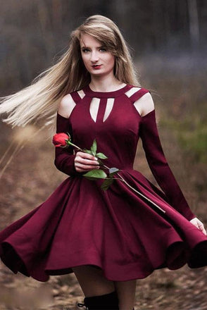 A Line Long Sleeves Short Burgundy Homecoming Dress DMN39