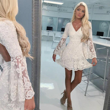 A-Line V-neck Open Back Bell Sleeves Short White Lace Homecoming Dress DMM8