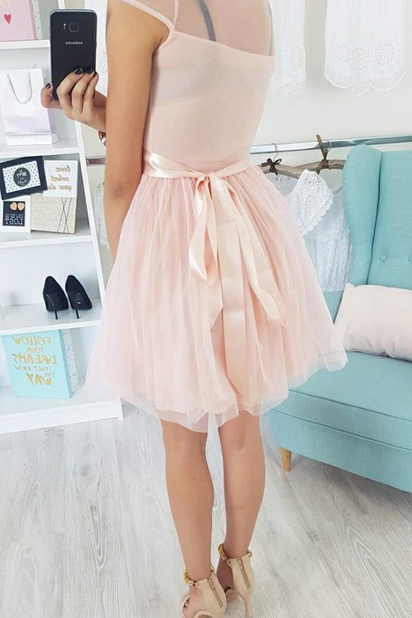 Appliques Cap Sleeve Pearl Pink Tulle Short Homecoming Dress DMM42