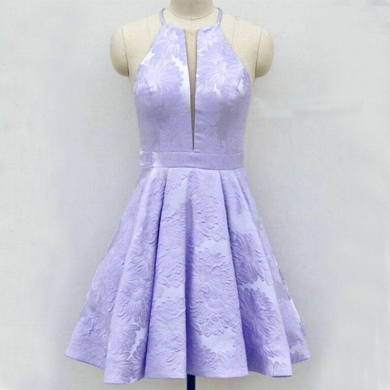 A-Line Above-Knee Lilac Satin Printed Homecoming Dress with Pockets DMM15