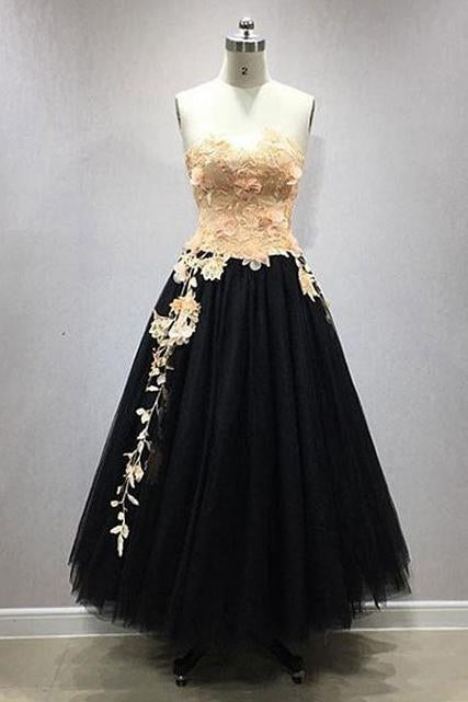 A Line Tulle Lace Appliqued Long Black Prom Dress DMO52