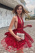 Plunging Neck Red Mini Party Dress with Ribbon,Short Homecoming Dresses DMN34