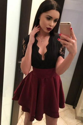 Black and Red Cut Top Deep V Neck Homecoming Dress with Short Sleeves DMO76