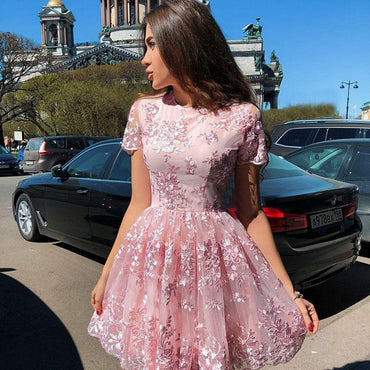 A-Line Short Sleeves Short Pink Homecoming Dress with Lace Appliques DMM20