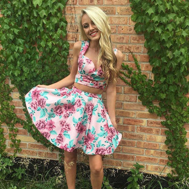 Two Piece Straps Floral Printed Cute Homecoming Dress DMM21