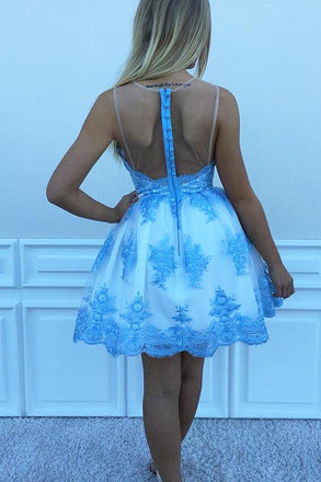 Halter A Line Lace Appliques Short Sky Blue Homecoming Dress DMO26