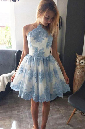 Halter A Line Lace Appliques Short Sky Blue Homecoming Dress DMO26