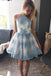 Halter A Line Lace Appliques Short Sky Blue Homecoming Dress DMO26