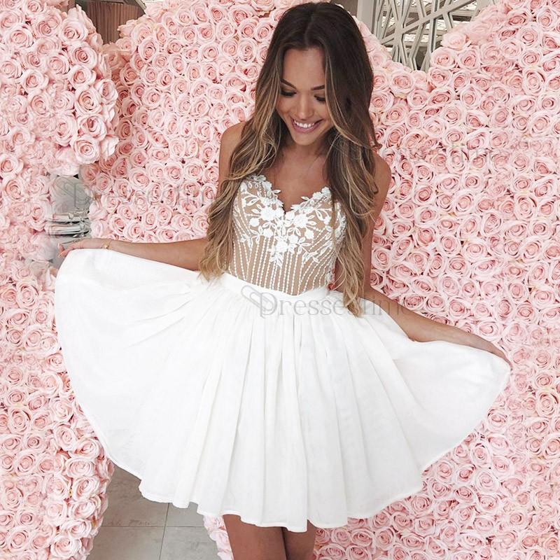 A-Line Spaghetti Straps White Homecoming Dress with Lace Appliques DMM5
