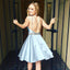 A-Line V-neck Light Blue Satin Homecoming Dress with Beading DMM18
