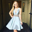 A-Line V-neck Light Blue Satin Homecoming Dress with Beading DMM18