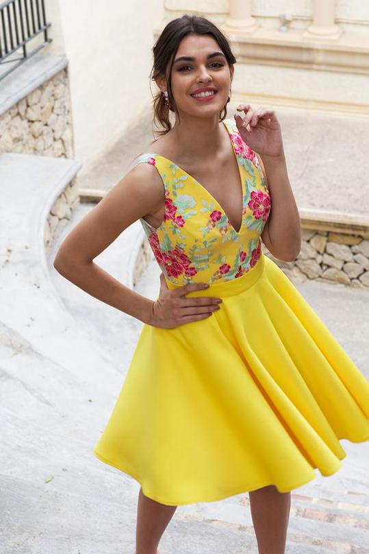 V Neck Backless Floral Embroidery Daffodil Homecoming Dress DMN36