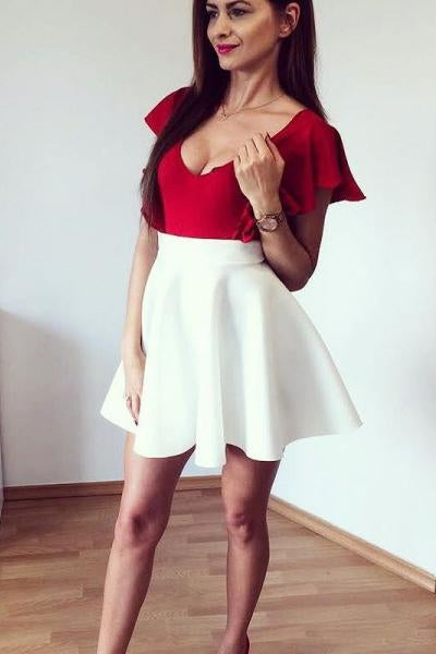 Deep V-Neck Sleeveless Off White Satin Short Homecoming Dress With Red Top DMD42