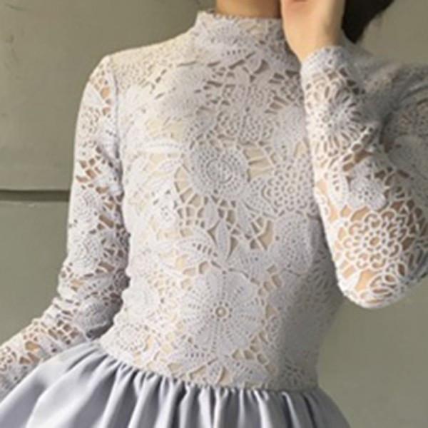 Cute A-Line Jewel Long Sleeves Grey Short Homecoming Dress with Lace Top DMD35