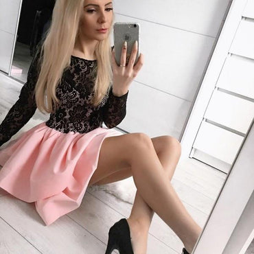 A-Line Jewel Long Sleeves Pink Short Homecoming Dress with Black Lace DMD20