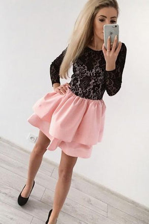 A-Line Jewel Long Sleeves Pink Short Homecoming Dress with Black Lace DMD20