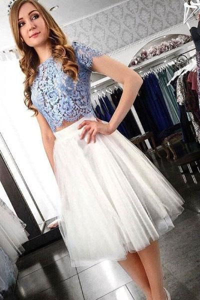 Two Piece Blue Lace Top Short Sleeves Tulle Homecoming Dresses DMD38