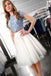 Two Piece Blue Lace Top Short Sleeves Tulle Homecoming Dresses DMD38