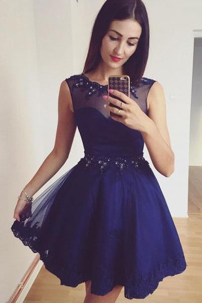 Royal Blue Beaded A-Line Tulle Short Homecoming Dress with Lace Appliques DMD30