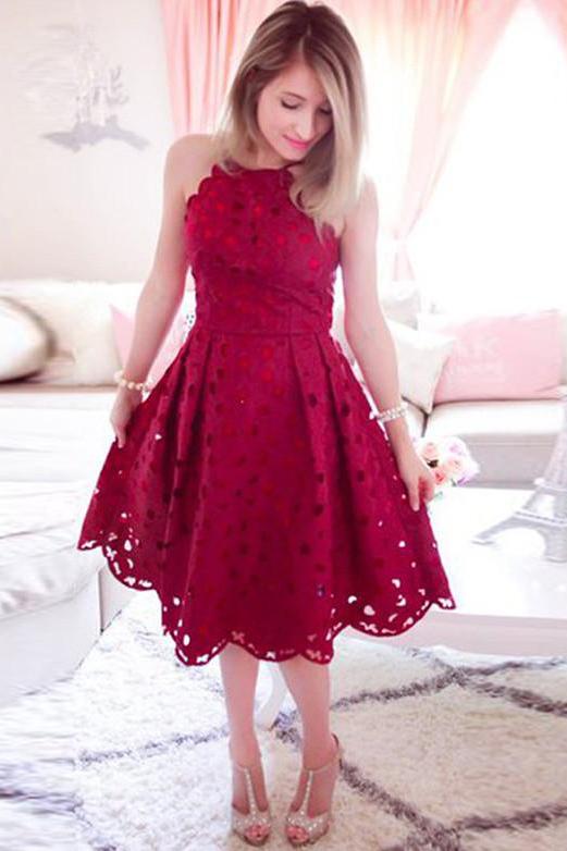 Halter Lace Knee Length Red A Line Homecoming Dress DMO28