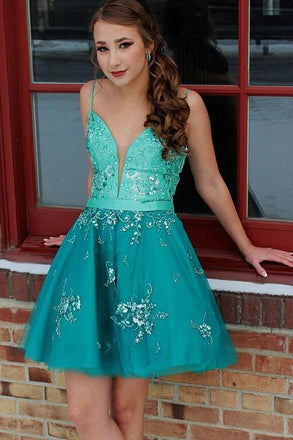 A Line Spaghetti Straps Appliques Homecoming Dress DMN37