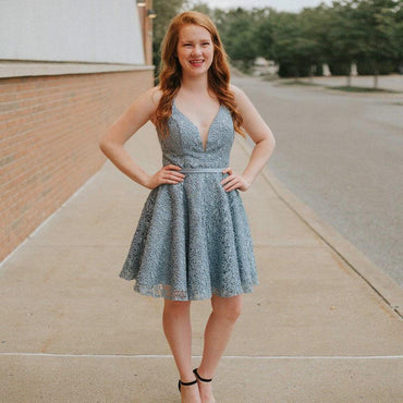 A-Line Spaghetti Straps Backless Blue Lace Homecoming Dress DMM13