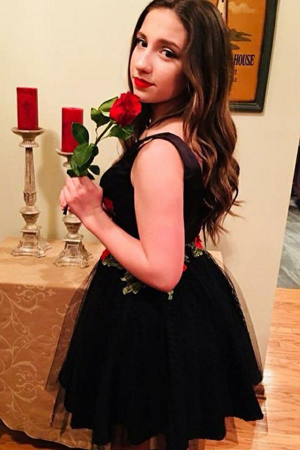 Fit & Flare Little Black Floral Homecoming Dress DMO33