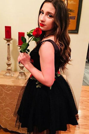 Fit & Flare Little Black Floral Homecoming Dress DMO33