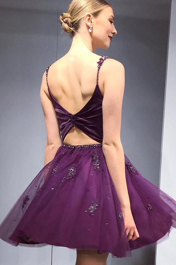 Spaghetti Straps Two Piece Purple Homecoming Dress with Beading DMO32