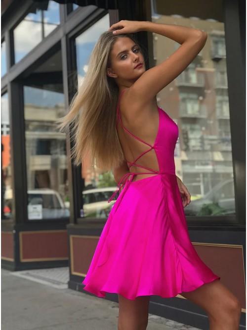 Fancy Spaghetti Straps Fuchsia Above Knee Split Homecoming Dress DMO34