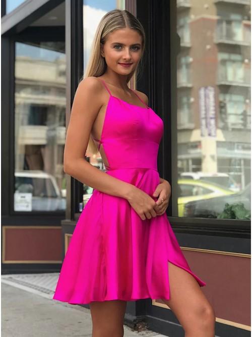 Fancy Spaghetti Straps Fuchsia Above Knee Split Homecoming Dress DMO34