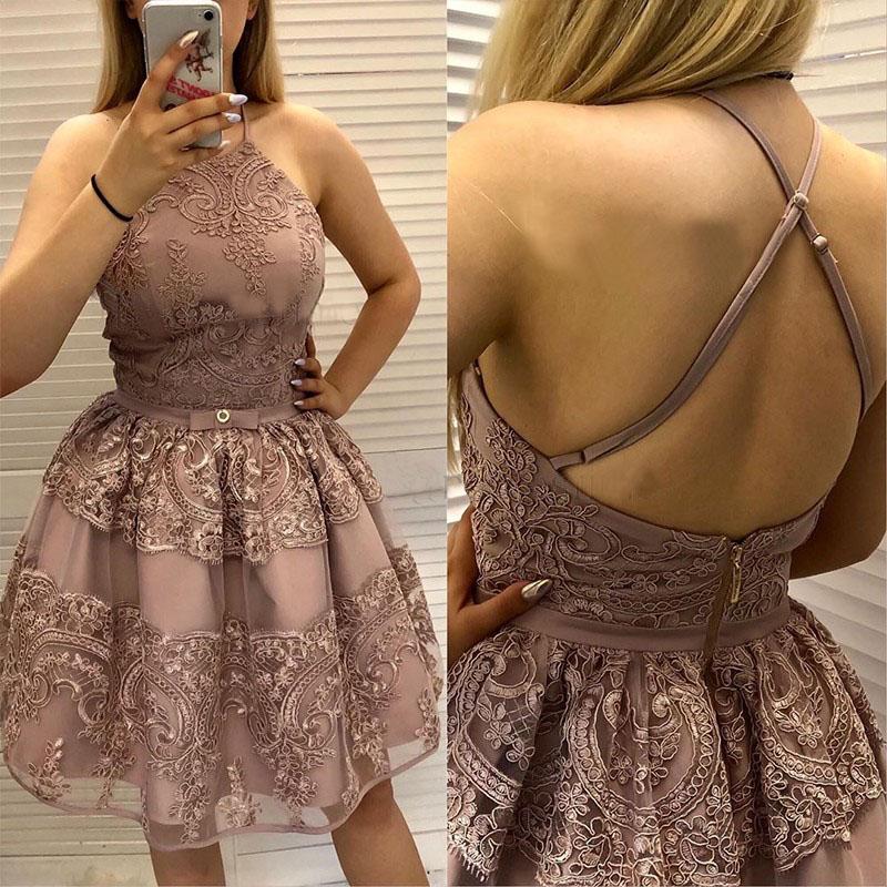 A-Line Criss Cross Straps Back Homecoming Dress With Appliques DMM12