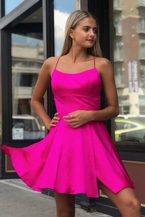 Fancy Spaghetti Straps Fuchsia Above Knee Split Homecoming Dress DMO34