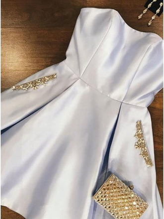 Elegant Strapless Pink Satin Homecoming Dress with Beading Pockets DMO40