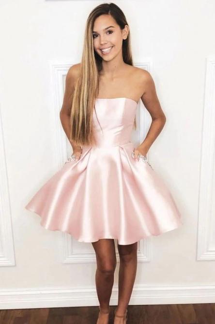 Elegant Strapless Pink Satin Homecoming Dress with Beading Pockets DMO40