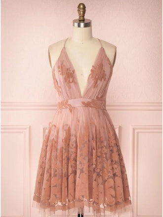 Spaghetti Straps Short Pink Homecoming Dress Criss Cross Back DMO75