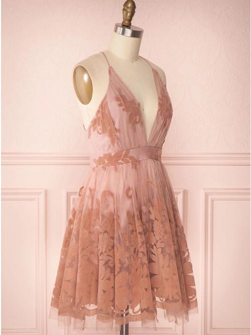 Spaghetti Straps Short Pink Homecoming Dress Criss Cross Back DMO75