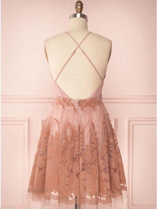 Spaghetti Straps Short Pink Homecoming Dress Criss Cross Back DMO75