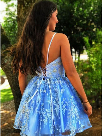A Line Spaghetti Straps Blue Homecoming Dress With Appliques DMO35