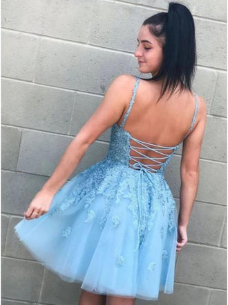 Modest A-Line Blue V-neck  Homecoming Dress with Appliques DMO37