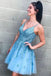 Modest A-Line Blue V-neck  Homecoming Dress with Appliques DMO37