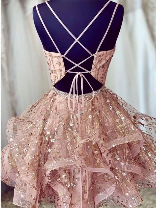 Chic Deep V-neck Pink Tiered Homecoming Dress with Beading Appliques DMO38