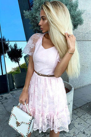 V-neck Short Sleeves Pink Lace Homecoming Party Dress with Belt DMO67