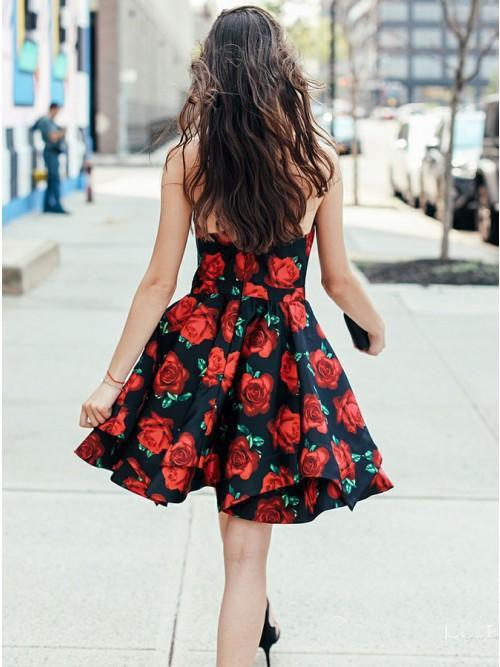 A-Line Cross V-Neck Above Knee Floral Satin Homecoming Dresses DMO44